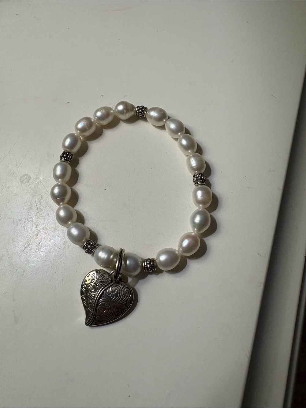 Brighton White Pearl Stretch Bracelet with Ornate Heart Charm